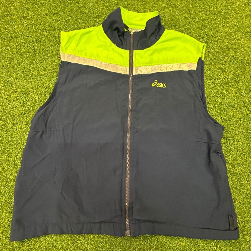Asics Mens Running Vest Navy Blue Neon Green Reflective Full Zip Size M MT 730